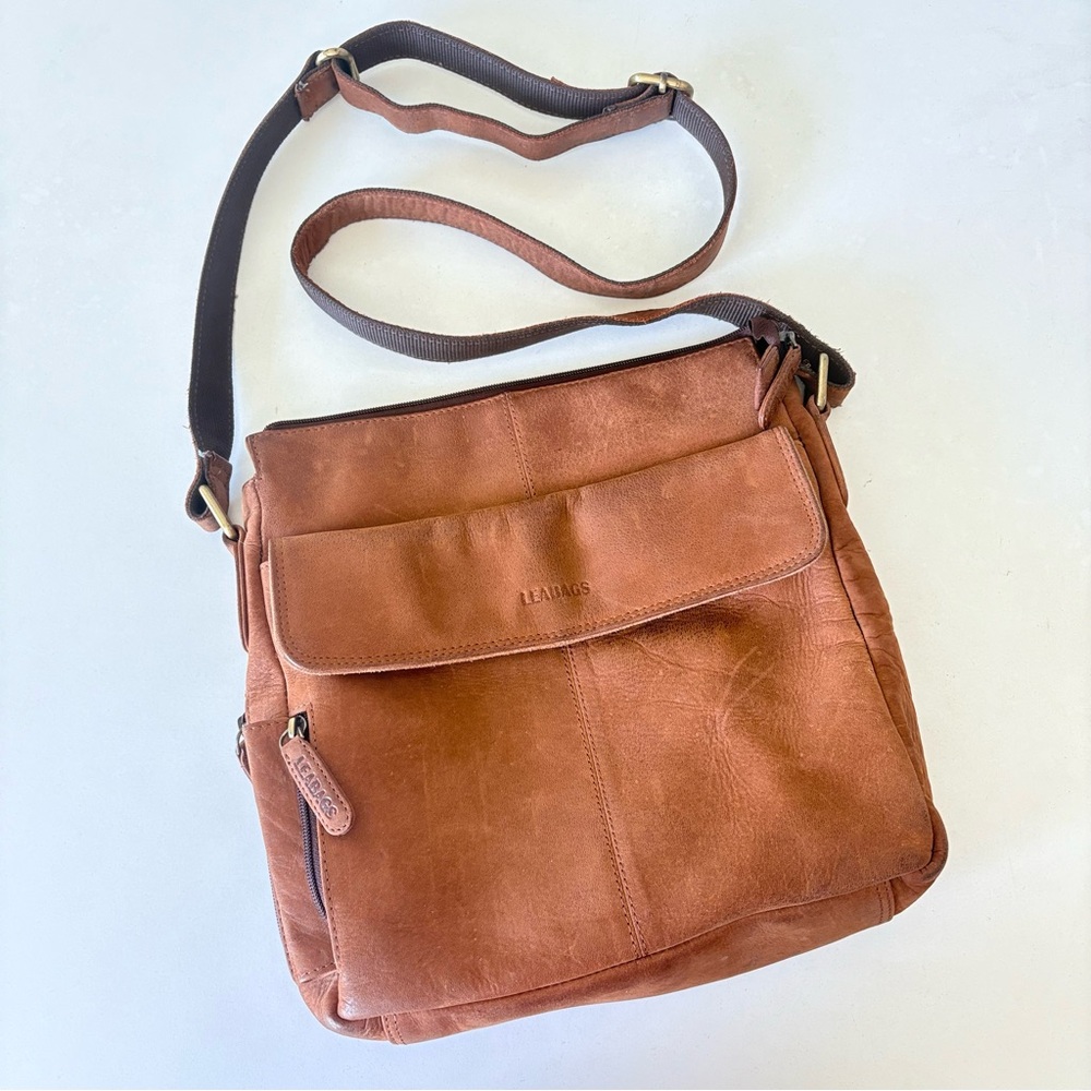 Leabags Brown Leather Unisex Messenger Crossbody Bag Shoulder Purse 11”x11”